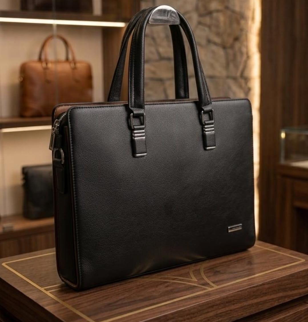 A sophisticated men's briefcase crafted from a structured, textured brown fabric-like material designed to hold its shape. It features dual rolled top handles secured with metal hardware, a top-zipper closure, and a sleek vertical front zipper pocket for easy access to small essentials. Highlighted by a polished metal brand logo plaque near the corner, this stylish executive bag combines professional utility with a modern aesthetic, making it ideal for the office, business travel, or daily commuting.