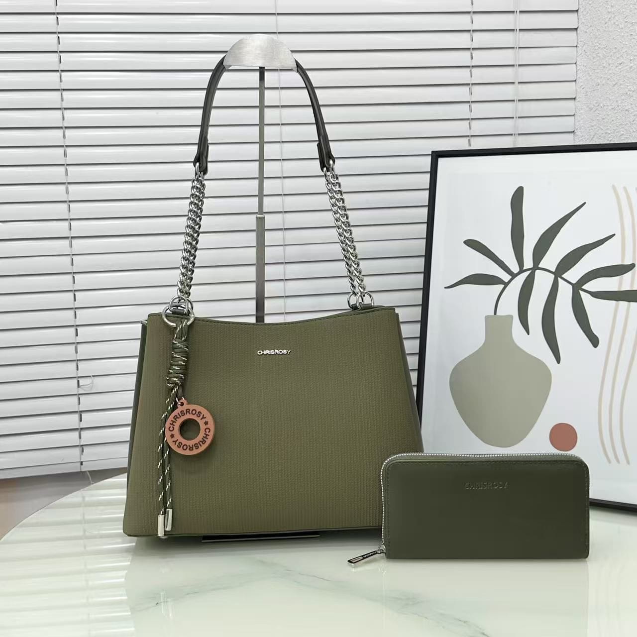 Chrisrosy Textured Shoulder Bag and Continental Wallet Set is a stylish olive green two-piece ensemble featuring a structured tote with silver chain-link shoulder straps, a brand tag charm, and a matching zip-around wallet.